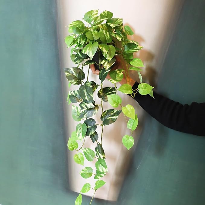 Fake Pothos Hanging Plants - Set of 2 Artificial Silk Ivy Vines with Pots, Realistic Faux Greenery for Indoor Home Decor, Low Maintenance Hanging Plant Decoration (Golden Green)