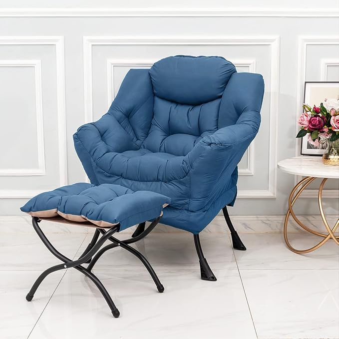 Welnow Lazy Chair with Ottoman, Modern Lounge Accent Chair with Armrests and a Side Pocket, Leisure Sofa Armchair, Reading Armchair with Footrest for Small Space, Royal Blue