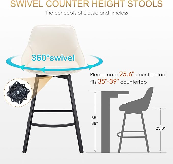 Zesthouse Swivel Counter Height Stools Set of 2, Modern Upholstered Barstools with Backs, 26'' Faux Leather High Chairs for Island Kitchen, Counter Height Chairs with Metal Legs, White