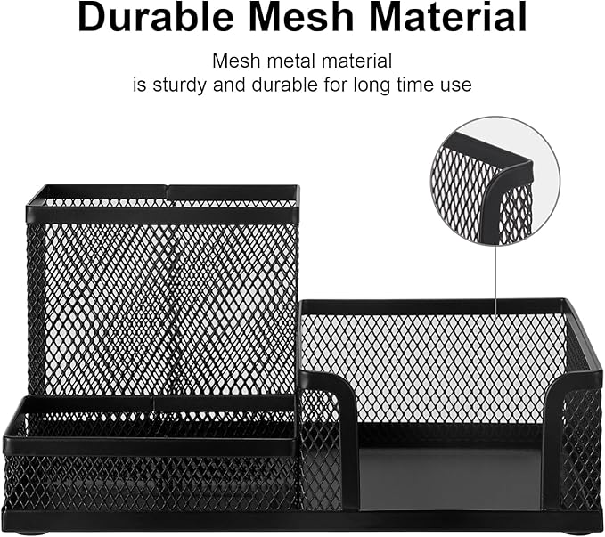 Comix Mesh Pen Pencil Holder Desk Organizer, 3 Compartment Wire Desktop Pen Pencil Cup Caddy Office Supplies Desk Accessories for Home Office School, Black