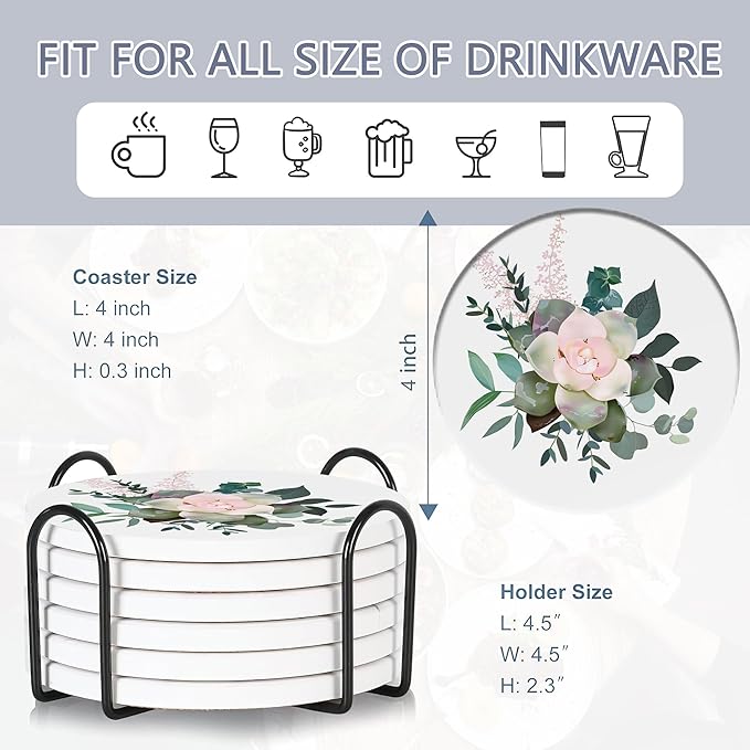 Table Coaster for Drinks Set of 6, Cactus Succulent Flower Round Ceramic Coasters,with Cork Base and Metal Holder,Great Housewarming Birthday Gifts,Home Decor