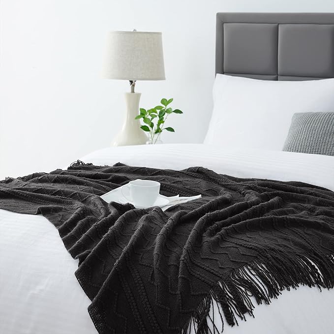 BOURINA Black Throw Blanket 50x60 Inches Throw Textured Solid Soft Sofa Couch Decorative Knit Blanket