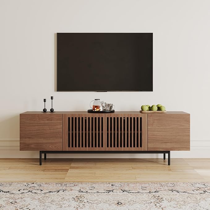 POVISON Full Assembled Mid-Century Modern TV Stand with Slatted Doors, Wood Media Console for 65-75 Inch TV, TV Console with Tall-cast Metal Legs, Entertainment Center with Storage for Living Room