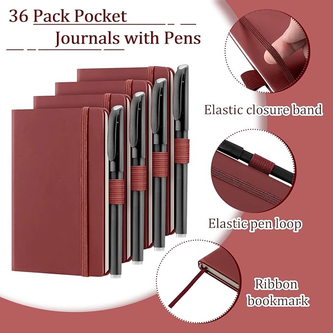 Laumoi Pocket Notebook Journals with Pens A6 Cute Small Journal Notebook Ruled Lined Mini Notepad Hardcover Executive Notebooks Set with Pen Holder for School Office, 3.7 x 5.7 Inch (Burgundy)