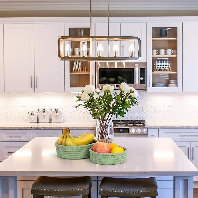 Small Shelf Storage Baskets for Organizing, 6 Pack Round Cotton Rope Bins, Decorative and Cute Woven Baskets for Bedroom and Closet, Key Tray Bowl, Home Decor Countertop Organizer (Green)