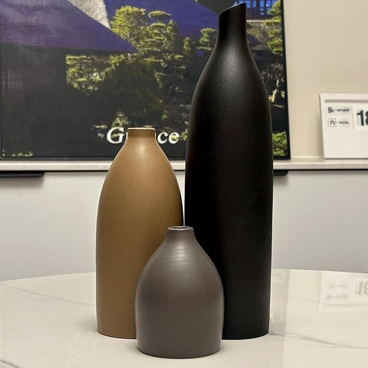 Decorative Flower Vase Set, Rustic Modern Farmhouse Style, Ceramic Vases for Home Decor, Kitchen Island Shelf Shelves Bookshelf Mantle Fireplace Tv Console Entryway Table Decor (Multicolor)