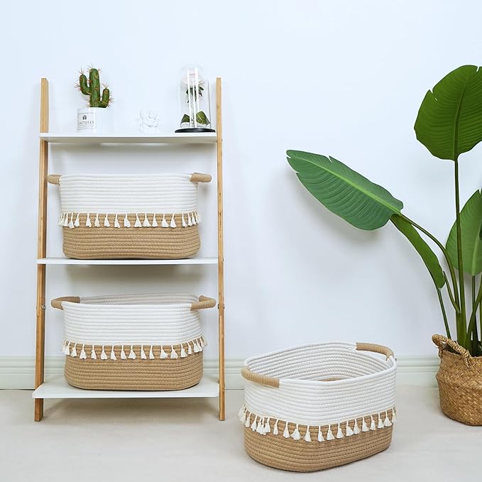 TeoKJ Woven Storage Bin Set of 3, Cotton Rope Basket for Storage, Clothes Boho Basket Bin for Organizing, Fabric Basket for Books, Plants, Pet Treats, White & Jute