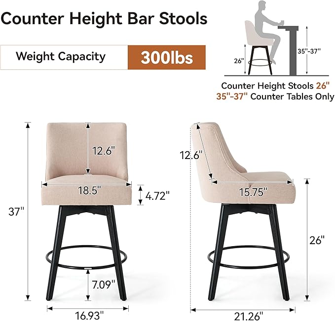 Vipbear Counter Height Bar Stools Set of 2, 26" H Swivel Bar Stools with Backs, Linen Fabric Upholstered Bar Chairs with Solid Wood Legs for Kitchen Island, Dining Room, Home Bar, Beige
