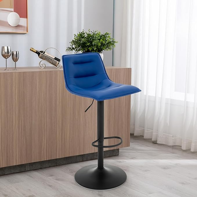 Brage Living Adjustable Bar Stool, Modern PU Leather Swivel Counter Height Barstool with Back, Armless Airlift Curved Bar Chair for Kitchen Dining Cafe, 1 pc (Blue, Black Base)