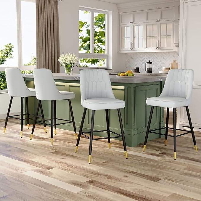 27" Bar Stools Set of 4 - Grey Counter Height Bar Stools Set of 4,Faux Leather Kitchen Island Stools with Sturdy Chrome Metal Leg,Counter Height Stools with Backs,Easy to Assemble