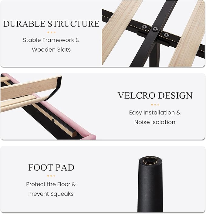 SHA CERLIN Queen Size Velvet Bed Frame with Vertical Channel Tufted Wingback Headboard, Upholstered Platform Bed with Wood Slats, No Box Spring Needed, Easy Assembly, Pink