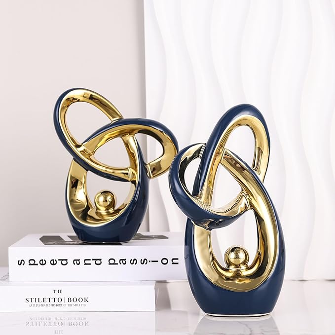 Blue Gold Modern Abstract Art Home Accents, Coffee Table Decor for Living Room, Table Centerpieces for Dining Room, Ceramic Sculptures for TV Stand Decor