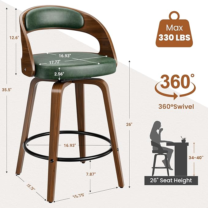 Swivel Bar Stools, 26" Upholstered Faux Leather Barstools with Bentwood Legs, Mid Century Modern Counter Height Bar Stools with Back for Kitchen Island, Dining Room, Green