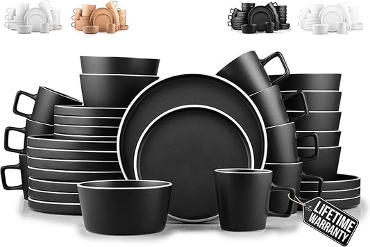 Zulay Kitchen Terra Stoneware 32-Piece Dinnerware Set, Artisanal Ceramic Plates and Bowls Set Crafted at 2300℉ - Service for 8, Black Matte with White Rim