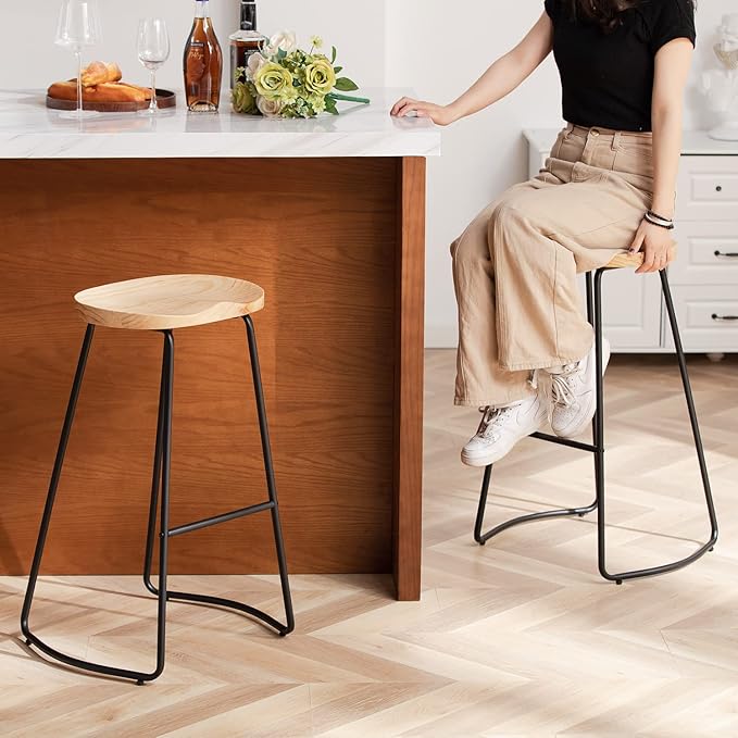 HeuGah 30 Inch Bar Stools Set of 3, Wooden Stool Counter Height Saddle Seat Bar Stools Backless Barstool for Kitchen Island Counter High Stools with Metal Leg (Burlywood, 3 PCS 30Inch Barstool)