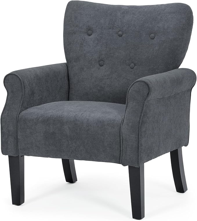 Athena Collection Mid Century Modern Chair for Living Room, Upholstered Wingback Reading Chair for Adults, Comfy Linen Fabric Armchair with Wooden Legs for Bedroom, Dorm, Balcony, Grey