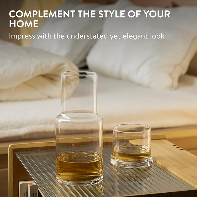 Elixir Glassware Bedside Water Carafe and Glass Set with Integrated Cup - Water or Mouthwash Dispenser for Nighstand or Bathroom - Handblown Glass Pitcher with Tumbler - Clear