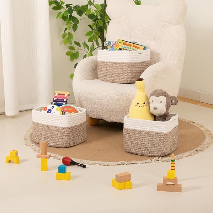 OIAHOMY 9”x9”x7” Storage Cubes, Cotton Rope Woven Baskets for Organizing, Cube Storage Bin, Small Gift Basket for Shelf, 3-Pack, Brown&White