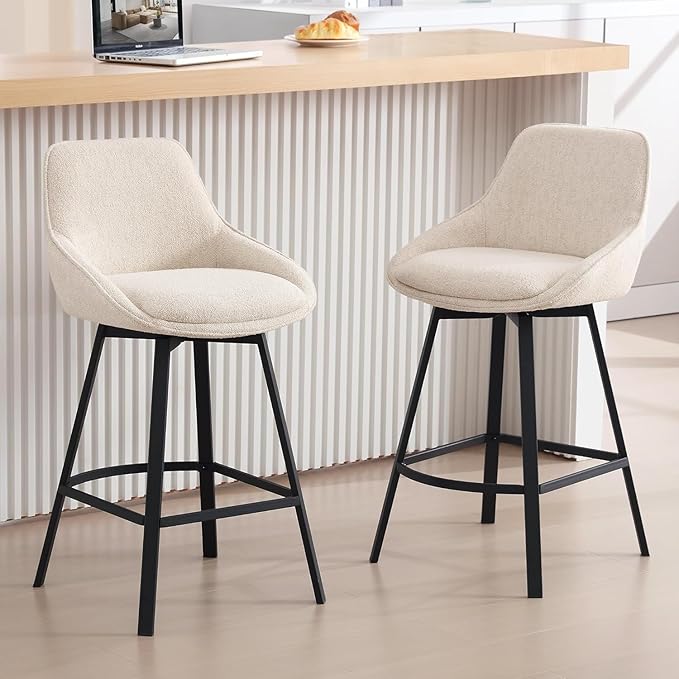 Zesthouse Swivel Bar Stools Set of 4, Modern Counter Height Barstools with Backs, 26'' Upholstered Linen Fabric High Chairs for Island Kitchen, Counter Height Chairs with Metal Legs, Beige