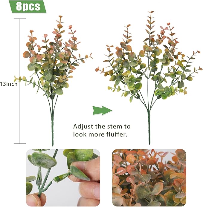 RECUTMS 8 Bundles Artificial Greenery Plants Stems Outdoor Fake Eucalyptus Plants Boxwood Bushes for Farmhouse Bathroom Office Vase Centerpiece Indoor Outdoor Decoration(Dusty Orange)