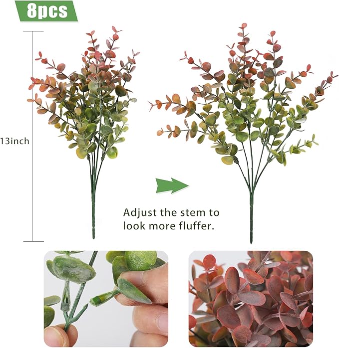 RECUTMS 8 Bundles Artificial Greenery Plants Stems Outdoor Fake Eucalyptus Plants Boxwood Bushes for Farmhouse Bathroom Office Vase Centerpiece Indoor Outdoor Decoration(Dusty Red)
