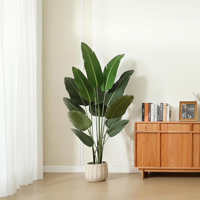 Artificial Bird of Paradise Plants 6 Ft Fake Tropical Palm Tree with 13 Trunks in Pot and Woven Seagrass Belly Basket Perfect Faux Plant for Home Indoor Outdoor Office Modern Decor Green 1Pc…