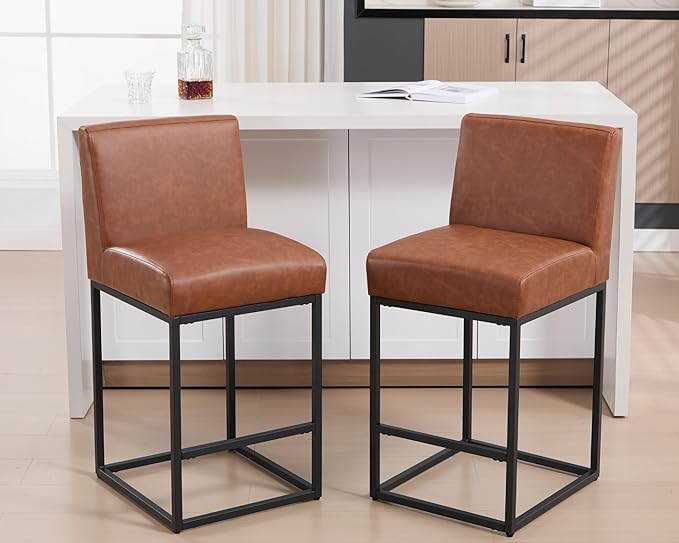 VESCASA Faux Leather 27 inches Counter Height Bar Stools with Padded Back, Modern Upholstered Counter Stool Chairs with Black Metal Frame for Kitchen Island, Set of 4, Brown