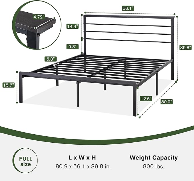 MUTICOR Full Size Metal Platform Bed Frame with Shelf Headboard, No Box Spring Needed, Easy Assembly, Black Shelf