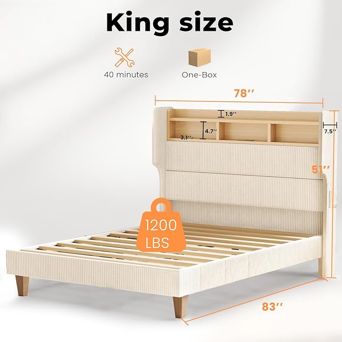 King Size Bed Frame with 51" Tall Corduroy Wingback Headboard and Storage Shelf, Upholstered Platform Bed with LED Lights & Charging Station, No Box Spring Needed, Easy Assembly, Cream