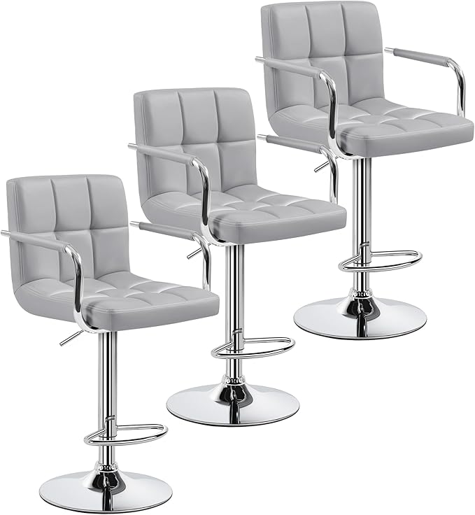 Yaheetech Bar Stools Set of 3, PU Leather Adjustable Barstools with Armrest, Counter Height Stool Chairs with Thickened Seat Cushion for Kitchen Island, Light Grey