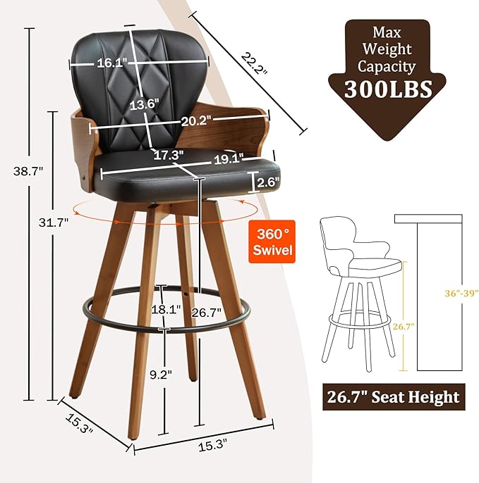26.7” Swivel Bar Stools Set of 3,Black Faux Leather Counter Height Stools with Armrest and Fishtail-Shaped Back,Mid Century Modern Barstools,Walnut Bar Chair for Kitchen Island or Home Bar