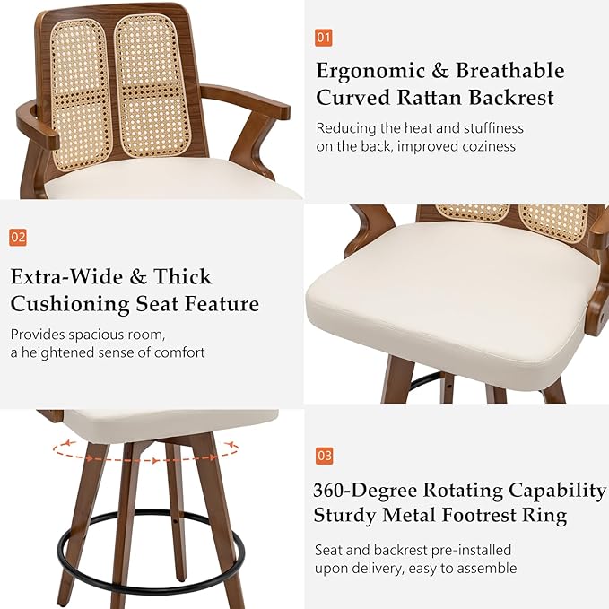 Set of 3 Mid Century Counter Stools - 27 inch Rattan Swivel Counter stools with Curved Back, Walnut Crafts, Upholstered Faux Leather, CounterChairs for Island/Pub/Kitchen (27" Seat Height, Beige)