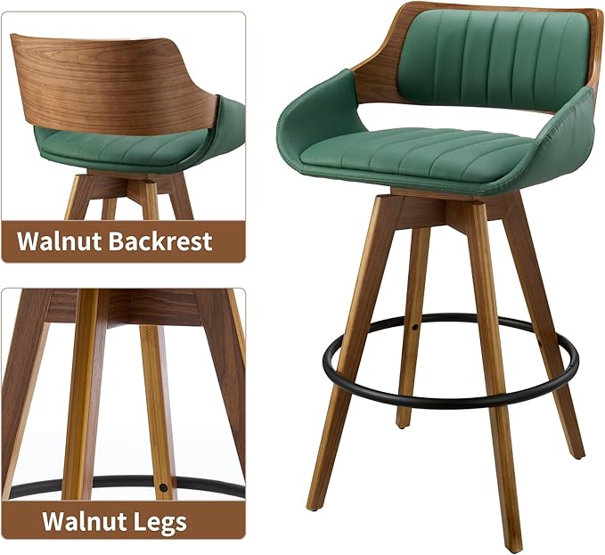 26" Bar Stools Set of 2, PU Leather Counter Height Bar Chairs with Back, Modern Mid-Century Swivel Barstools for Kitchen Island, Dining Room, Home Bar and Lounge, Green