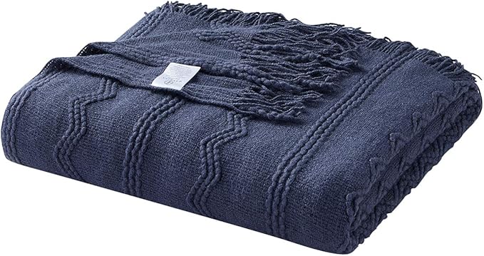 BOURINA Navy Throw Blanket 50 x90 Inches Throw Textured Solid Soft Sofa Throw Bed Runner Couch Cover Knitted Decorative Blanket Bed Runner