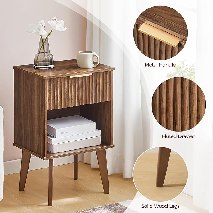 End Table, Fluted Night Stand, Modern Side Table, Bedside Table with 1 Drawer and 1 Open Compartment, Mid Century Nightstand, for Living Room, Bedroom, Study, Office, Walnut ETWA6201