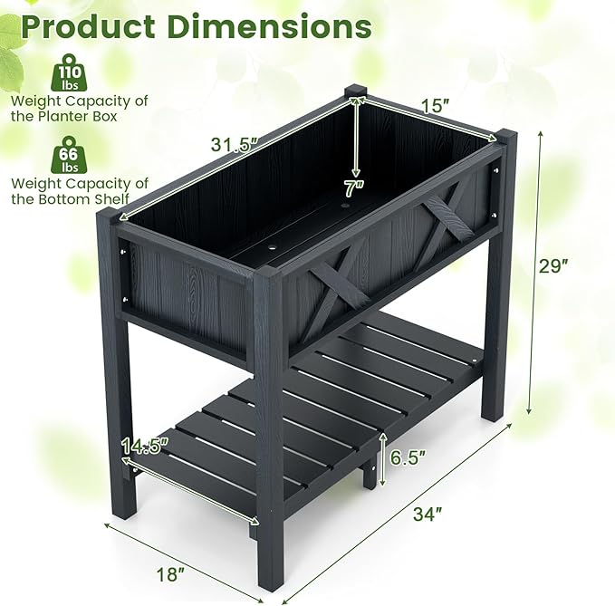 Giantex HIPS Raised Garden Bed, Elevated Planter Box w/Legs, Storage Shelf, Drainage Holes, Weather-Proof Standing Raised Beds for Backyard Balcony Flower Vegetable (Black, 34" x 18" x 29")