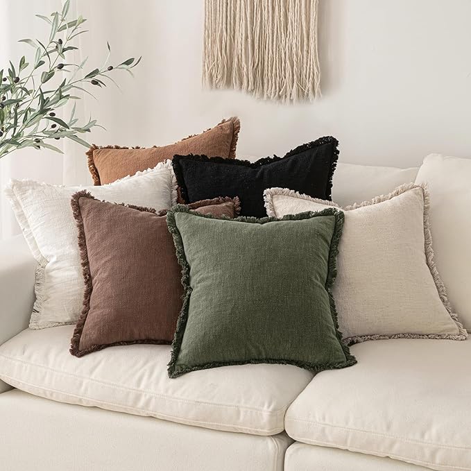 MIULEE Decorative Lumbar Throw Pillow Covers Neutral Linen Fringe Throw Pillows Set of 2 Black Boho Farmhouse Cushion Covers with Tassels for Couch Sofa Bed Living Room Spring Home Decor 12x20 Inch