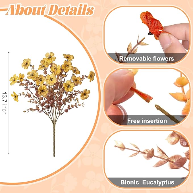 Fall Mums Artificial Flowers for Outdoors Potted, 12 Bundles Fake Fall Daisy Flower with Realistic Eucalyptus Leaves, Fake Plants for Greenery Boxwood Porch Patio Garden Pot Courtyard Lawn