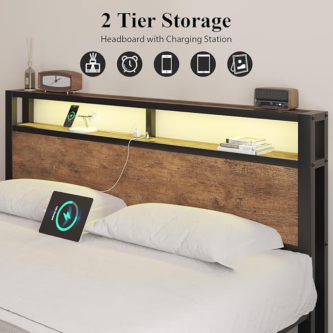 King Size Platform Bed with 2-Tier Storage Headboard, Metal Bed Frame with Charging Station & LED Light, Heavy Duty Metal Slats, No Box Spring Need, Noise Free, Rustic Brown