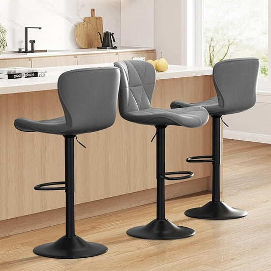 Bar Stools Set of 3,Adjustable Swivel Barstools, Faux Leather Bar Chairs,Upholstered Counter Height with High Backrest for Kitchen Island, Dark Grey