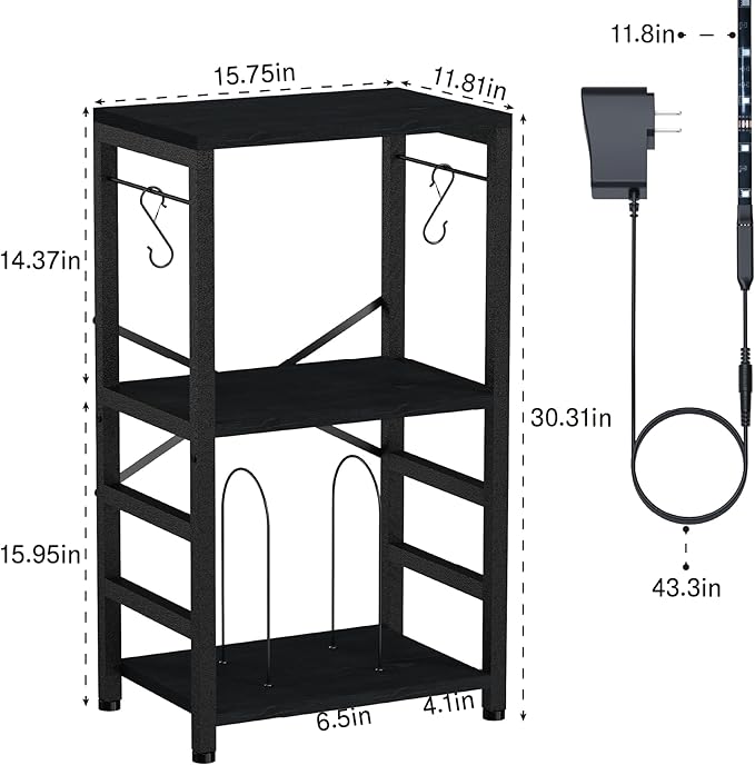 End Table with LED Light,Record Player Stand with Albums Storage,Vinyl Records Storage,Turntable Stand Side Table for Music Room Studio Living Room Bedroom-Modern Black