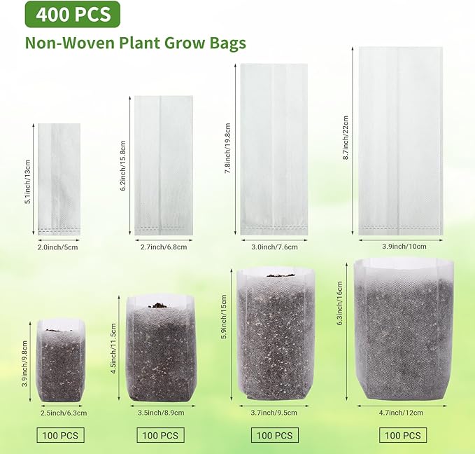 GREANER 400PCS Nursery Bags for Plants, Mixed Sizes Potting Bags for Indoor Outdoor Planting, Plant Nursery Pouches for Seed Starting, Soil Transplant, Home Garden Supply