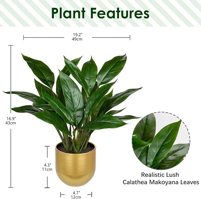 Fake Plants 17'' Faux Plants Artificial Potted Plants Indoor Realistic Fake Cast Iron Plant Artificial Plants with Gold Pot for Home Office Farmhouse Kitchen Bathroom Table Shelf Decor