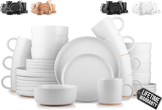 Zulay Kitchen Terra Stoneware 32-Piece Dinnerware Set, Artisanal Ceramic Plates and Bowls Set Crafted at 2300℉ - Service for 8, Speckled White