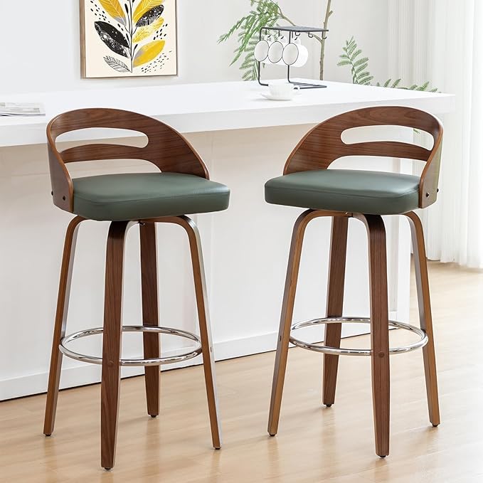 Counter Stools Set of 2, Counter Height Bar Stools with Walnut Crafts, Bentwood Curved Back, Upholstered Faux Leather, Soft Cushion Seat, Swivel Counter Chairs for Island/Pub (Green, 26" Seat Height)
