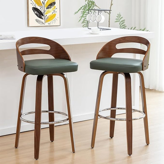 Counter Stools Set of 2, Counter Height Bar Stools with Walnut Crafts, Bentwood Curved Back, Upholstered Faux Leather, Soft Cushion Seat, Swivel Counter Chairs for Island/Pub (Green, 26" Seat Height)