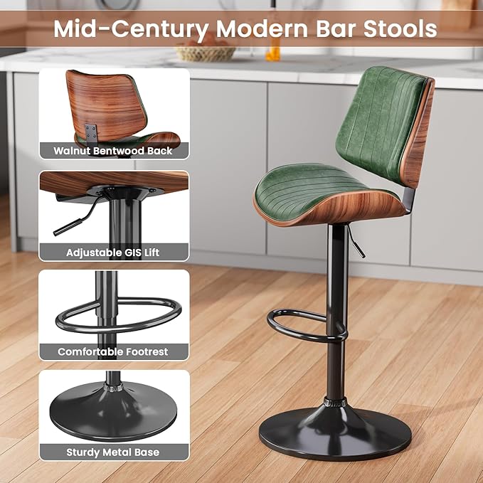 Swivel Bar Stools Set of 2, Adjustable Bentwood Barstools for Kitchen Counter, Modern PU Leather Upholstered Bar Chair with Back and Footrest, for Kitchen Island, Bar, Dining Room, Green