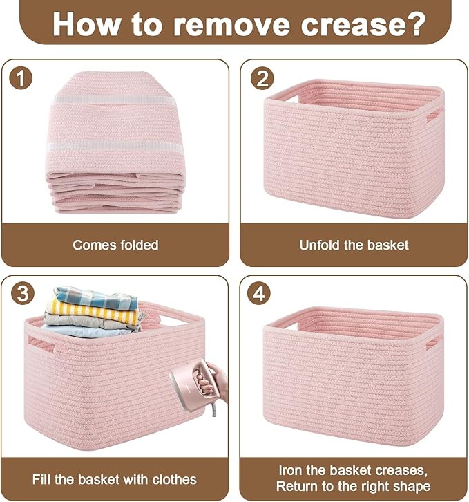 Storage Baskets for Organizing, Woven Decorative Baskets for Shelves - Books, Towels, and Clothes, Cotton Rope Toy Storage Bins, 12.7''Lx9''Wx7.8''H, Pack of 4, Pink