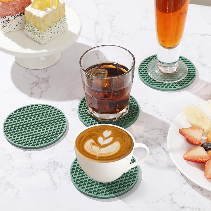 Coasters Set of 6 with Holder,Coasters for Drinks,Coffee Table Decor Coaster,Suitable for Kinds Cups,Anti-Slip,Non-Stick,Silicone Cup Coaster and Living Room Decor(6 Pcs, Green)