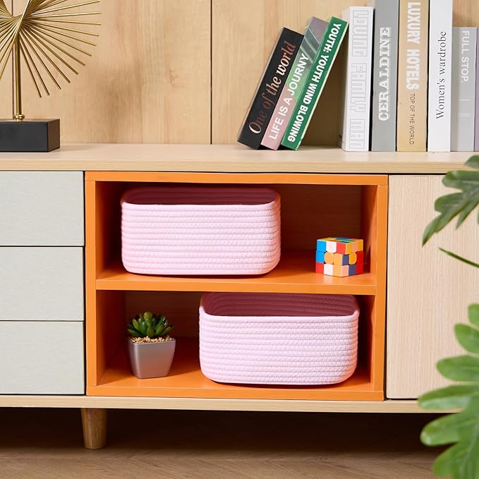 Small Square Shallow Baskets for Organizing, 9.7x9.7x4.3 Inch Rope Woven Storage Bins for Cubes Closet, Shelves Storage, Boho Decorative Basket, 2 Packs Light Pink